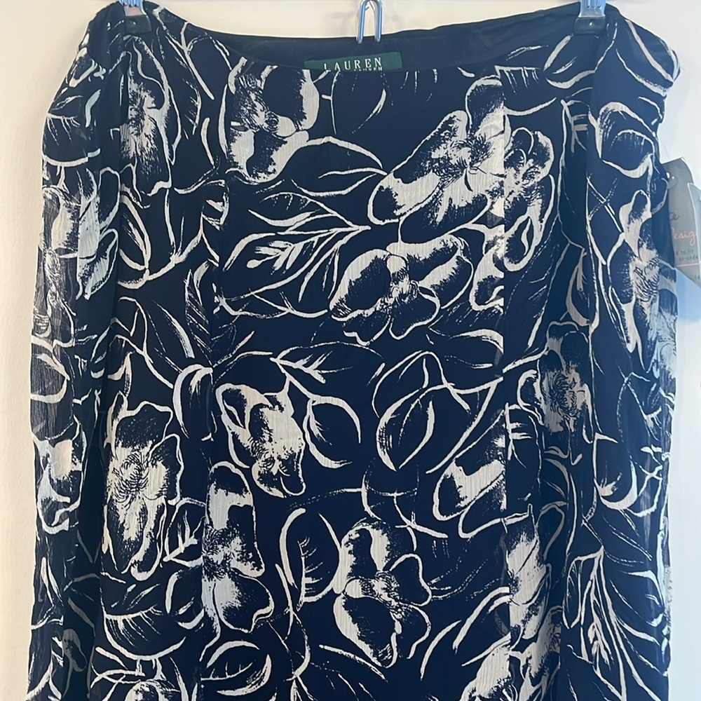 Lauren Ralph Lauren Navy Blue Floral 100% Silk Midi Vintage Y2K Skirt- 14P - Picture 3 of 6